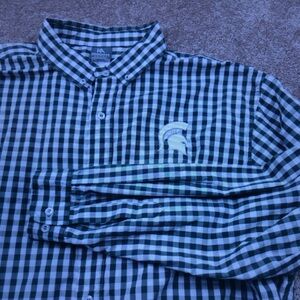 Men's Green and White Check Button-Down Shirt with Embroidered Logo